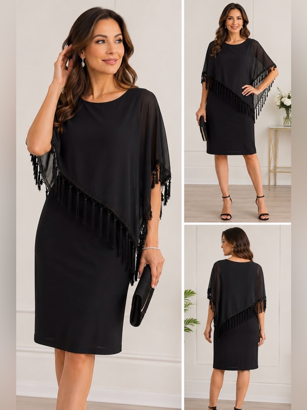 R&M Richards Black Fringe Overlay Cocktail Dress Size 6 Elegant Evening USA